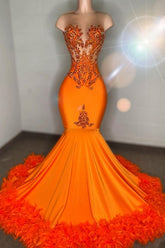 Classic Orange Long Mermaid Sweetheart Satin Lace Prom Dresses